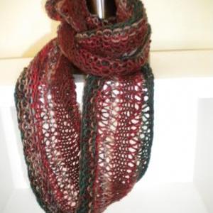 Hand Knit Cowl Of Reds And Greens.