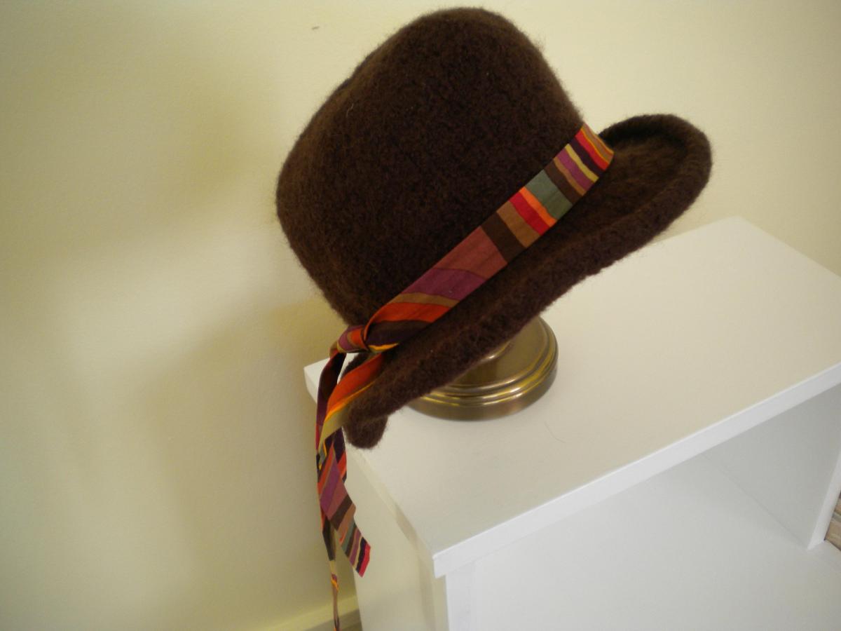 Felted Brown Cloche Hat With Ribbon Band Or Flower Trim