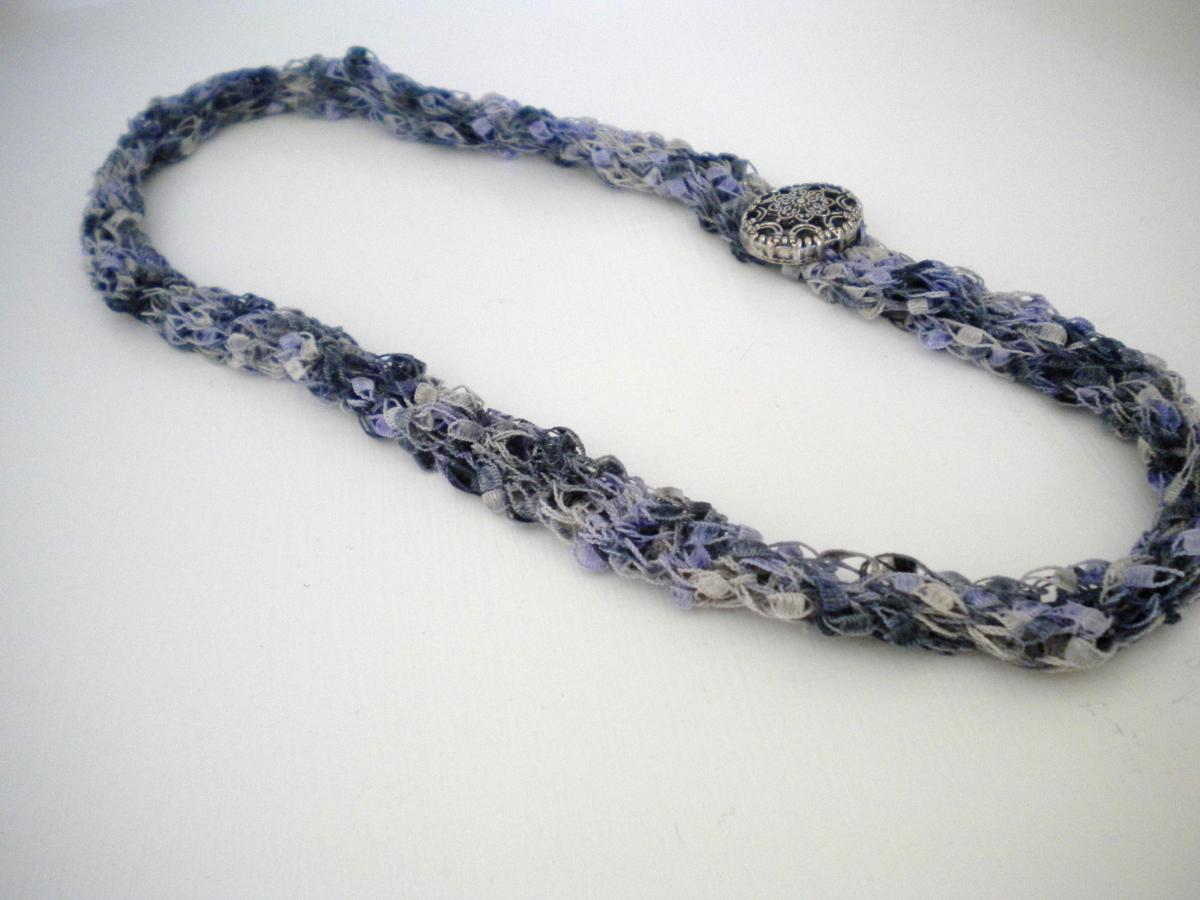 Necklace Hand Knit With Blue.gray And Silver Ribbon Yarn